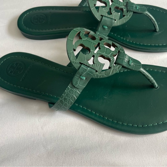 Tory Burch "Miller" Croc Leather Dark Green Sandals - Picture 4 of 13